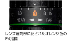 [写真]レンズ鏡筒部に記されたオレンジ色のF4指標