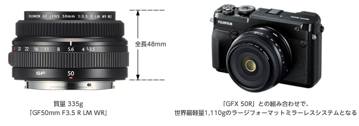 [写真]（左）「GF50mmF3.5 R LM WR」、（右）「GFX 50R」との組み合わせで、世界最軽量1,110gのラージフォーマットミラーレスシステムとなる